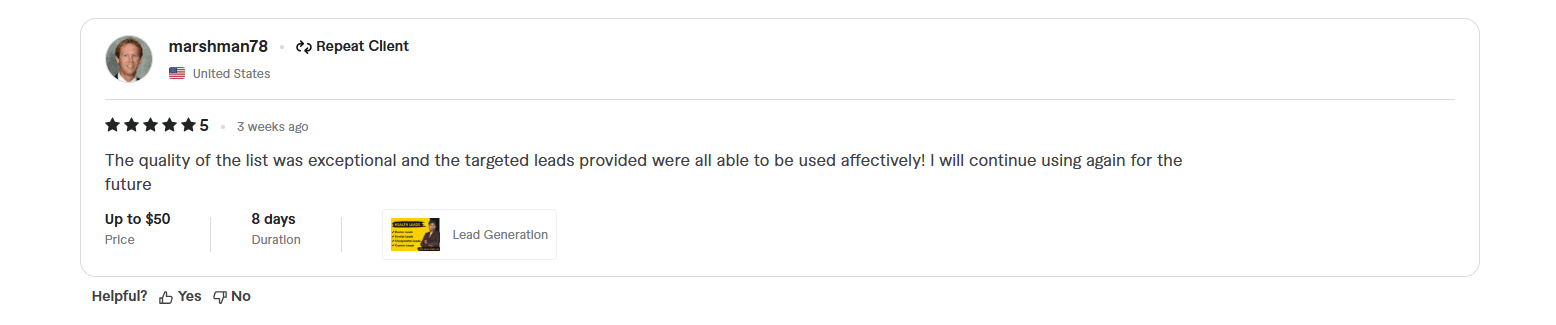 Five-star Fiverr review from marshman78